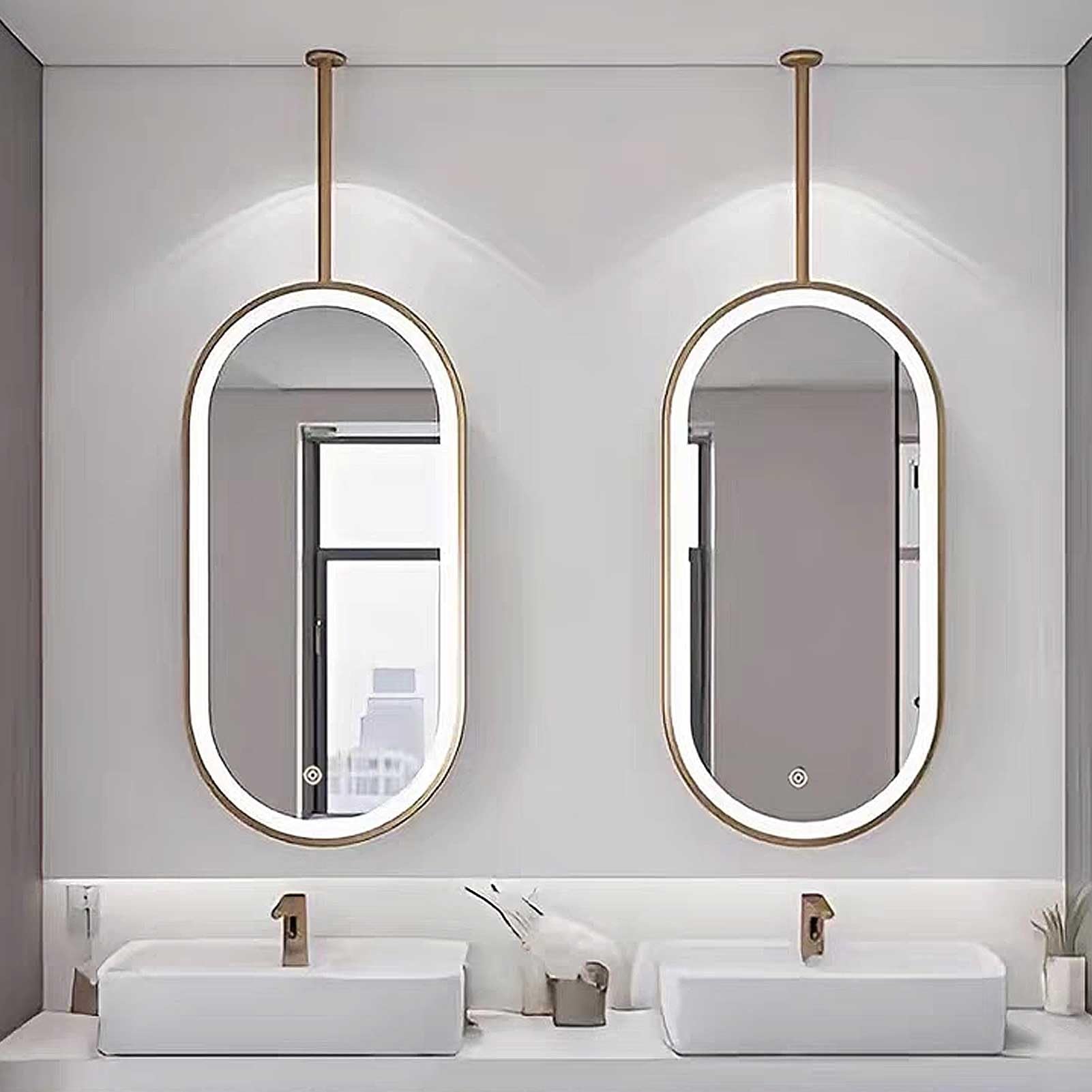 Sxbhdm Gold Oval Ceiling Hanging Bathroom Mirror With Led Lights, Ceiling Suspended Mirror With Metal Frame And Hanging Rod, Wall Mounted Makeup Vanity Mirrors, /White/Black(,40Cmx70cm)