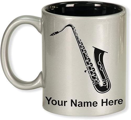 Taza de café redonda de cerámica de 11 onzas, saxofón, grabado personalizado incluido (plata)