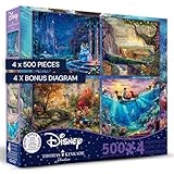 Ceaco - 4 in 1 Multipack - Thomas Kinkade - Disney Dreams Collection - Cinderella, The Lion King, Mickey and Minnie, & The Little Mermaid - (4) 500 Piece Jigsaw Puzzles , Blue