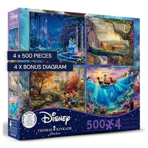 Ceaco - 4 in 1 Multipack - Thomas Kinkade - Disney Dreams Collection - Cinderella, The Lion King, Mickey and Minnie, & The Little Mermaid - (4) 500 Piece Jigsaw Puzzles , Blue