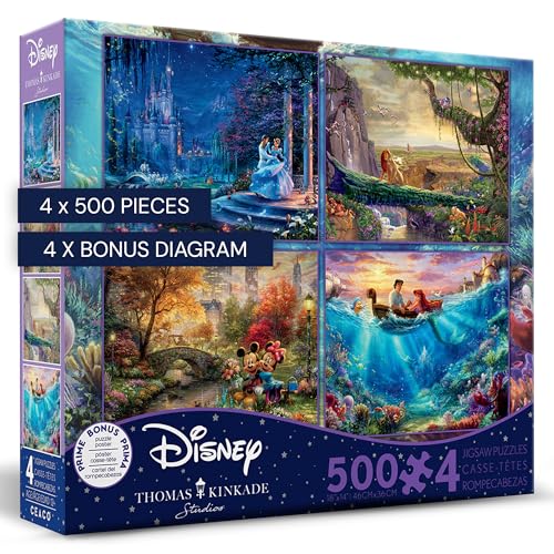 Ceaco - 4 in 1 Multipack - Thomas Kinkade - Disney Dreams Collection - Cinderella, The Lion King, Mickey and Minnie, & The Little Mermaid - (4) 500...