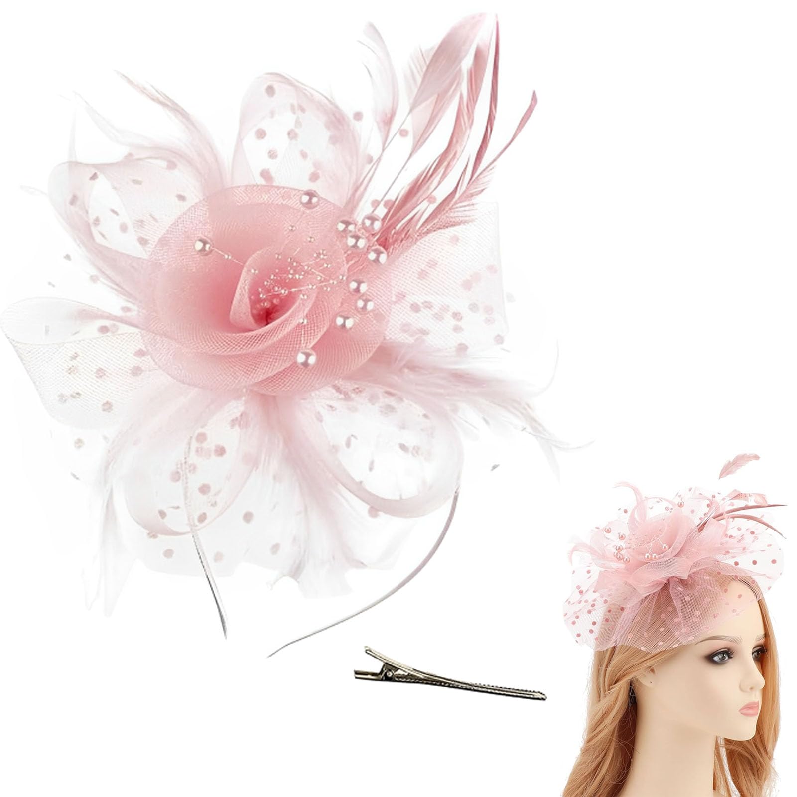 2Pcs Fascinators for Weddings Pale Pink Fascinator Hair Accessories, 21cm Diameter