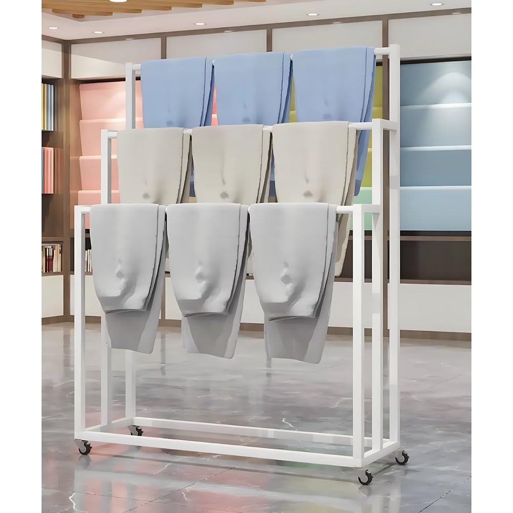 Espositore per sciarpe in ferro con ruote per esposizione boutique, campioni di tessuto multistrato da appendere, organizer per pantaloni, tappeti, bianco, 150 x 40 x 150 cm