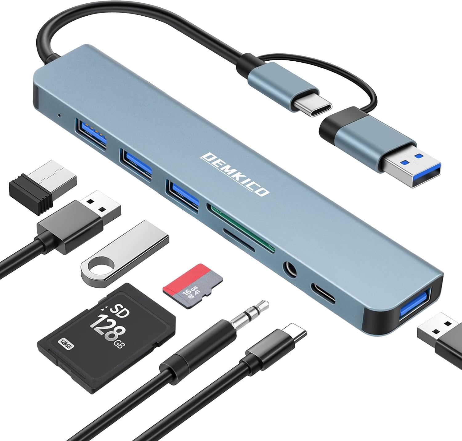 USB C Hub 8-in-1 mit 4 USB Anschlüssen SD/TF Kartenleser (Grau) | 3,5 mm Audioanschluss und USB-C Datenanschluss für MacBook Pro/MacBook Air/XPS/Tablet/Smartphones und mehr