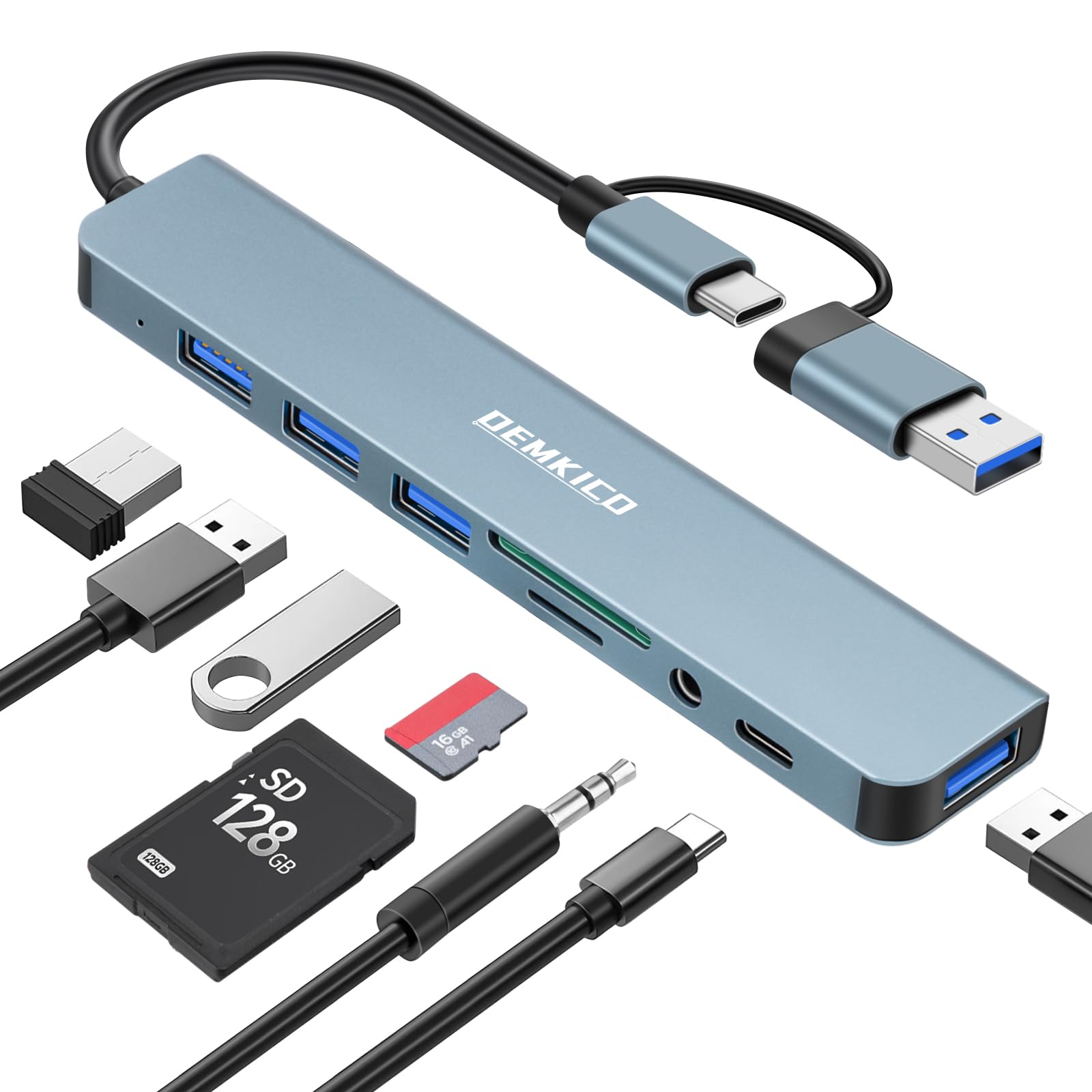 Hub USB 8 w 1 z podwójnym złączem USB-A/USB-C 4 porty USB (szary) | Czytnik SD/TF, gniazdo audio 3,5 mm i port danych USB-C dla MacBook Pro/Air/XPS