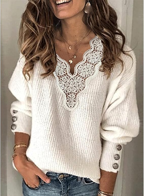 Women's Fashion Long Sleeve Knitted Sweater Lace V Neck Casual Loose Pullover Sweaters Tops2