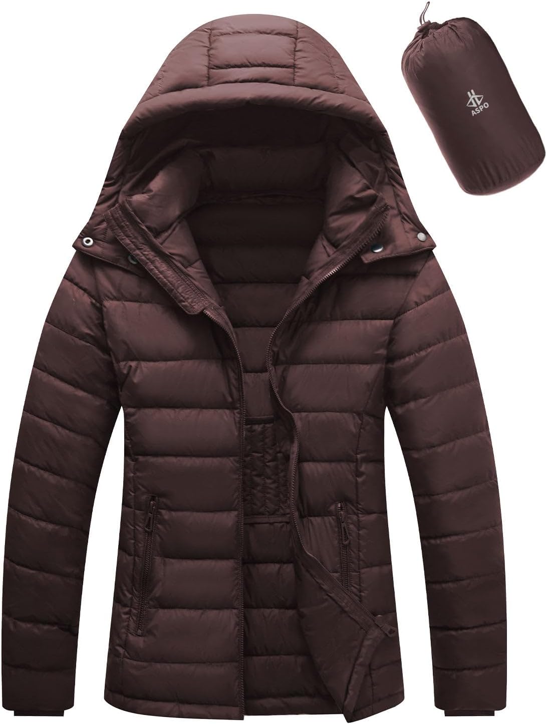 ASPO Women's Packable Puffer Jacket Lightweight Waterproof Warm Full Zip Quilted Winter Coat with Hood