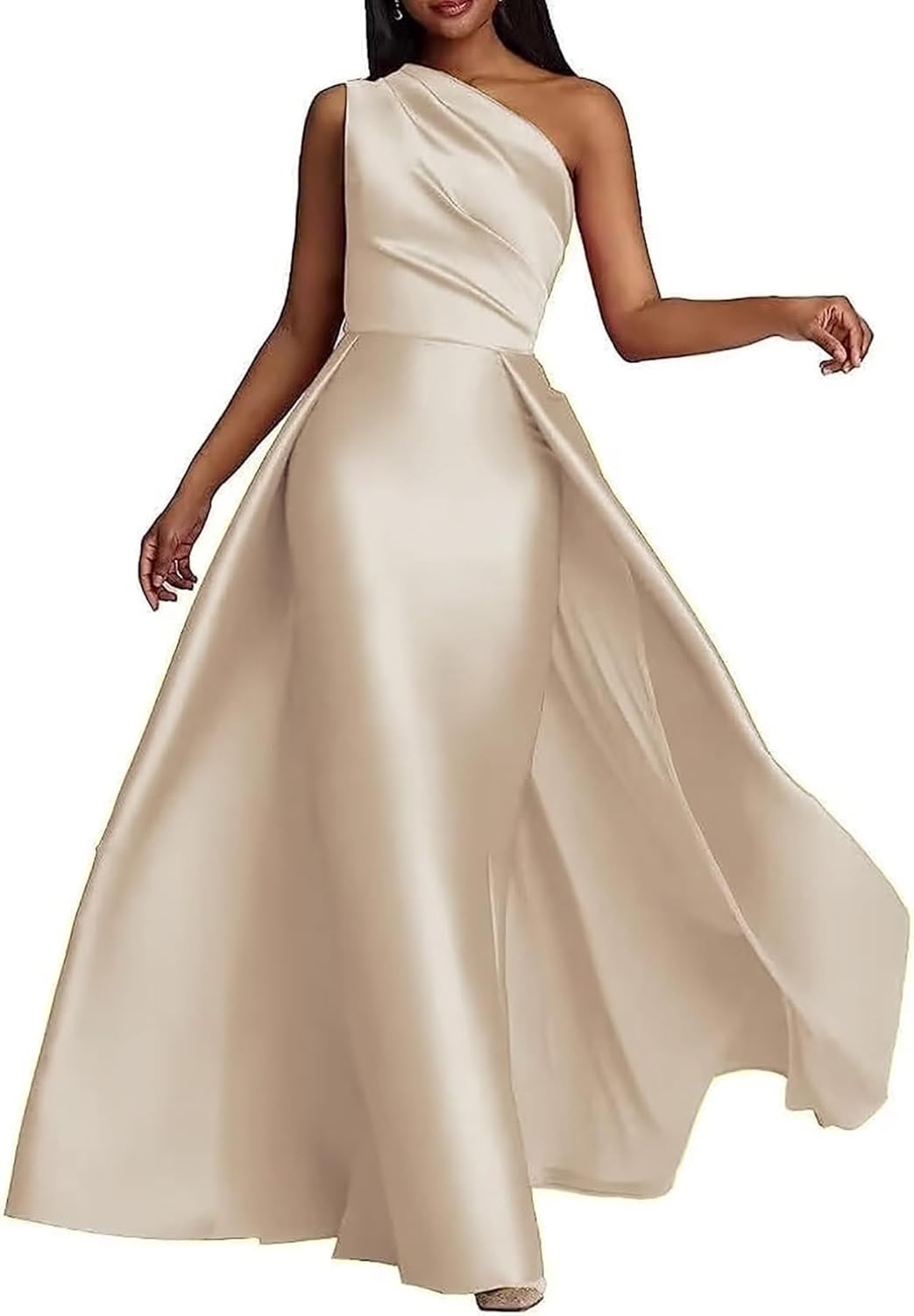 Women's One Shoulder Prom Dresses Long Satin Sleeveless Ruched Ball Gown 2024 Evening Dress with Overskirt