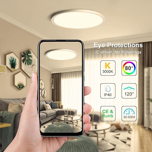 Miniatura 4 de LEDLightsWorld Lámpara de techo LED de montaje al ras, 12 pulgadas, 24 W, 2800 K, luz de techo blanca cálida, luminarias redondas de 3200 lm,