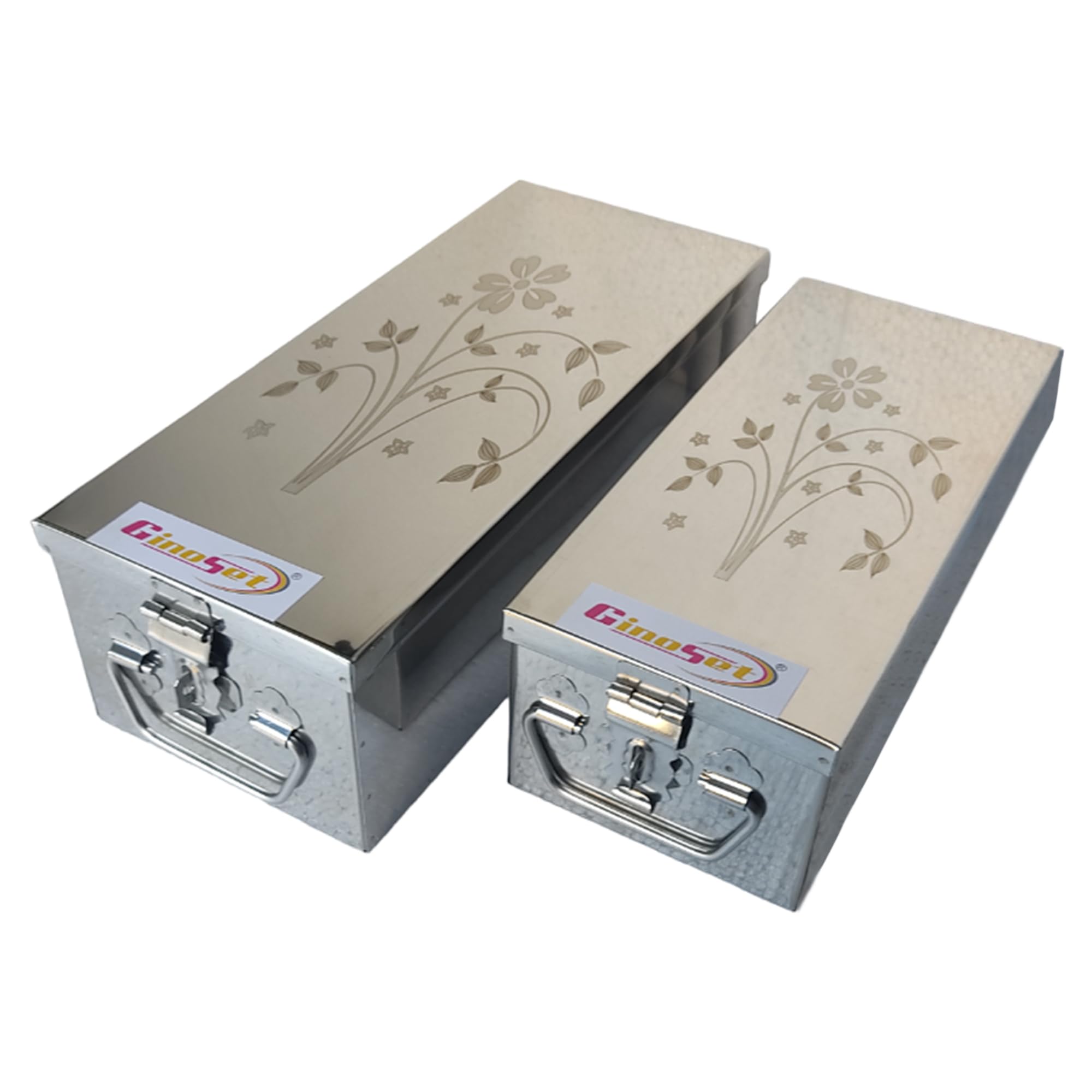GinoSet® Stainless Steel Locker Boxes Jewellery Boxes Cash Peti Set (Multi_Pack of 2) Size - 8 Inch, 10 Inch With Laser Printed Design (Steel) 1