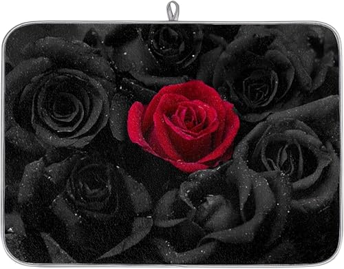 Tapete de secado de platos con rosas y flores negras y rojas para encimera de cocina, almohadilla absorbente reversible de microfibra reutilizable,
