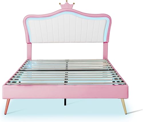 Miniatura 7 de Base de cama tapizada tamaño Queen con luces LED, moderna cama tapizada de princesa con cabecera corona, marcos de cama Queen para niñas (blanco)