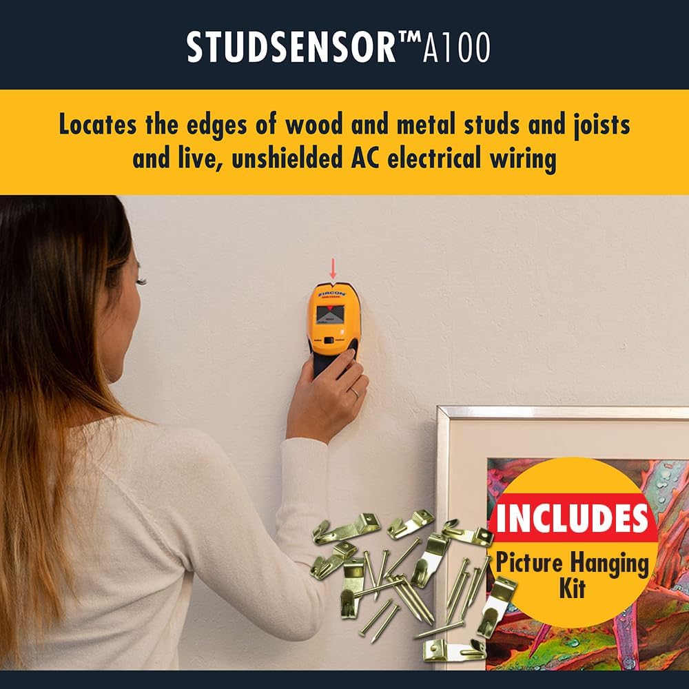 Zircon A100 StudSensor with Bonus Picture Hanging Kit – Accurate Wood & Metal Stud Finder, Detects Live Wires, Includes Hooks, Nails & Hangers for Frames, Mirrors & Home Décor