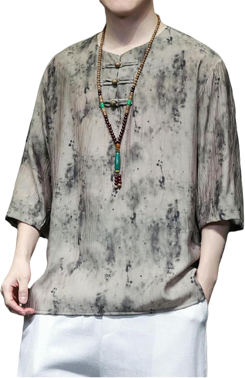 Men's Summer Chinese Style Frog Button Five Point Sleeve Print Shirt