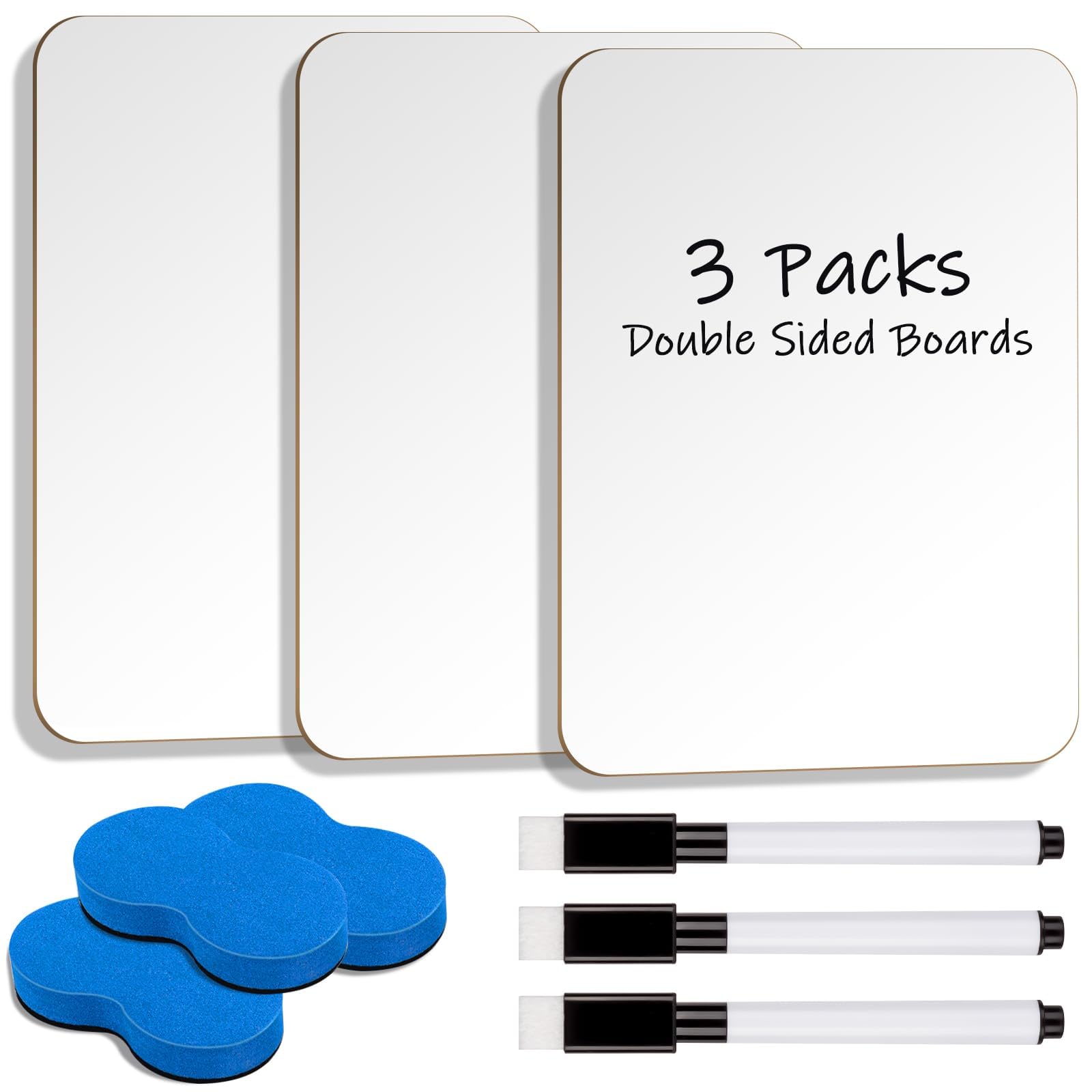Small White Board Dry Erase, 3 Packs Double Sided Mini Boards with 3 Markers and 3 Erasers for Office School Supplies 7''x 10''