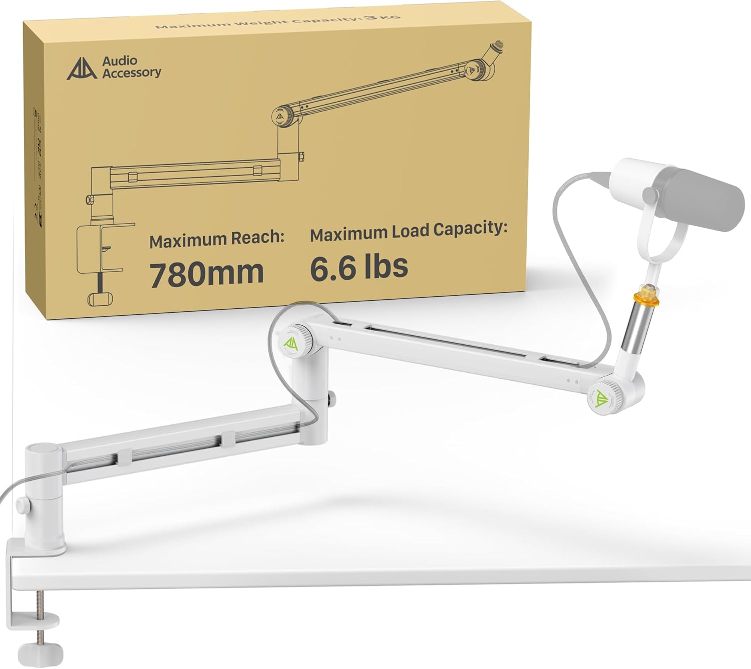 White Boom Arm Low Profile (Design for Heavy Mic) 6.6lbs Load Capacity, Gear Lock Structure Never Sags, Metal Microphone Stand Desk Mount for Shure SM7B MV7+, Blue Yeti, Rode PodMic