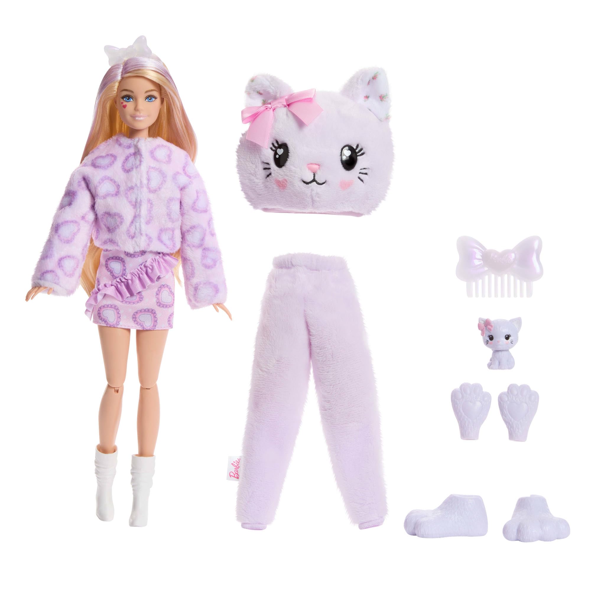 Barbie Cutie Reveal Puppe und Zubehör, Kätzchen der Cuddly-Reihe mit 10 Überraschungen, inklusive Farbänderung und Mini-Haustier, JJP64