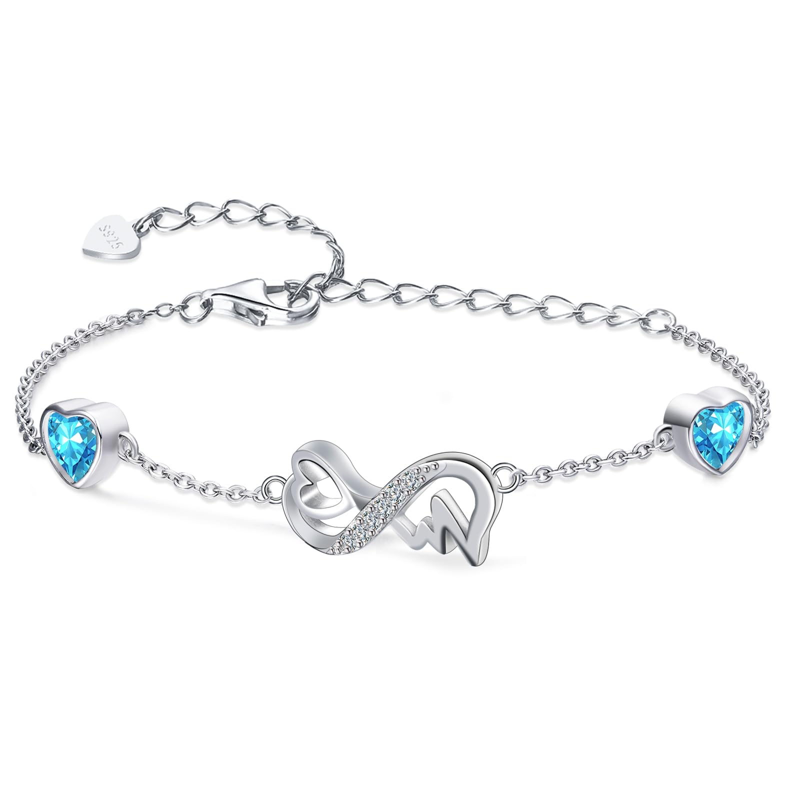 Qings Pulsera Infinito Mujer Plata de Ley 925 Ajustable Corazón con 2 Piedras de Nacimiento Pulsera Infinity ECG Pulseras Gema, Joyas Regalos Originales Navidad Cumpleaños para Mujeres Niñas Mamá