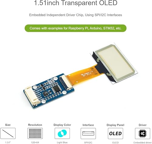 Miniatura 2 de Módulo de pantalla OLED transparente de 1.51 pulgadas con resolución de 128 × 64 Pantalla a color azul claro OLED para Raspberry Pi/Arduino/STM32,