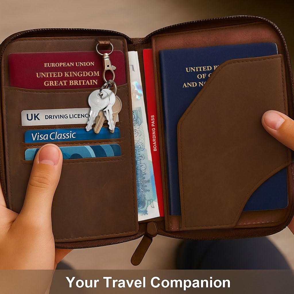 Porta passaporto in pelle, fatto a mano, in vera pelle, portadocumenti da viaggio con gancio a moschettone per chiavi e chiusura con cerniera, Marrone, Carry 1-2 Passports, Moderno