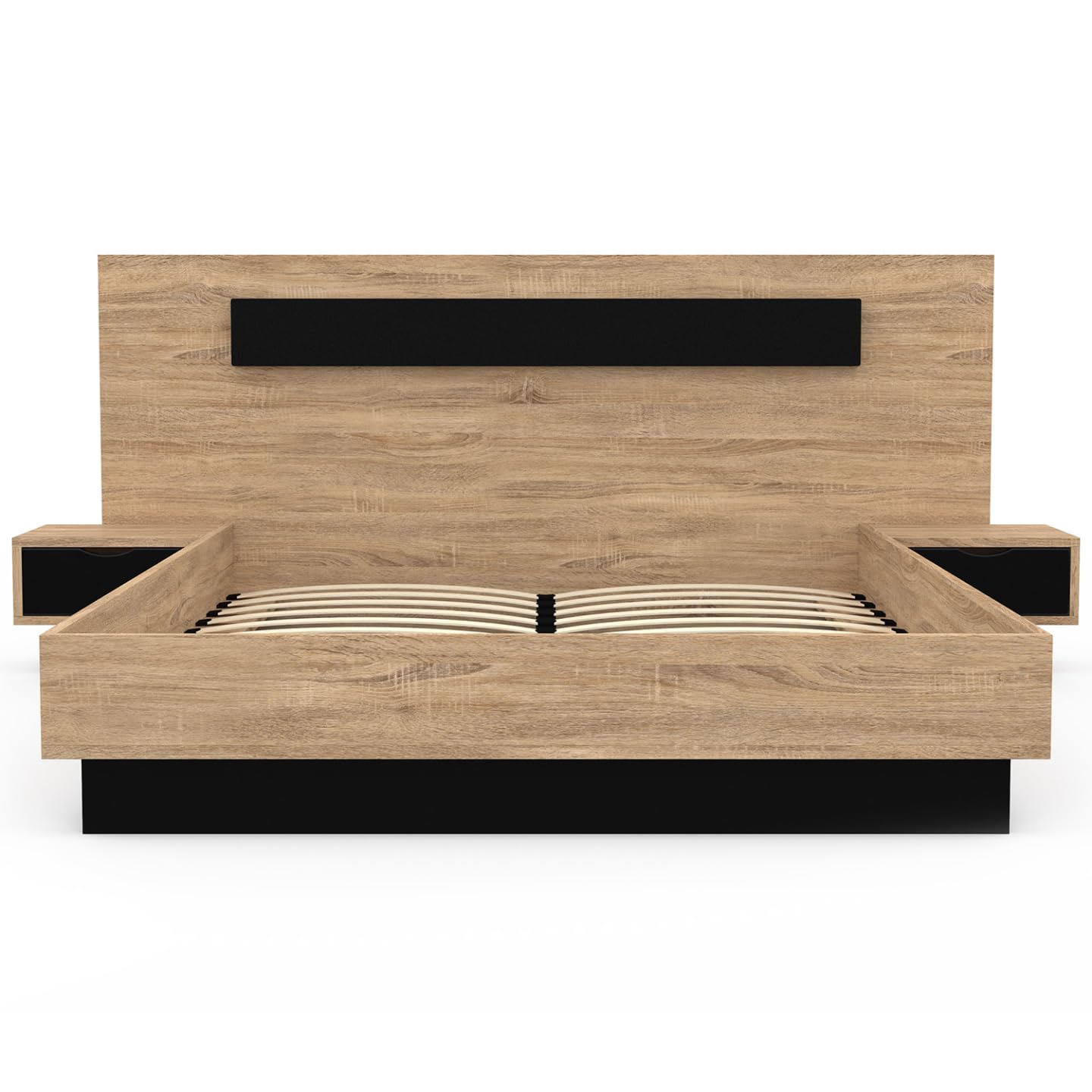 IDMarket - Cama doble Santa con cabecera + mesitas de noche integradas y somier de 140 x 190 cm, madera y negro