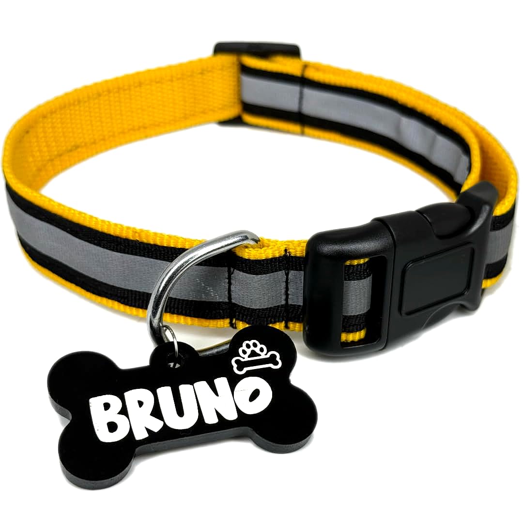 PAWPRO HANDMADE Collare riflettente per cani con targhetta personalizzabile a forma di osso, regolabile per sicurezza e comfort, adatto per collo da 35 a 50 cm, nero (giallo, M)