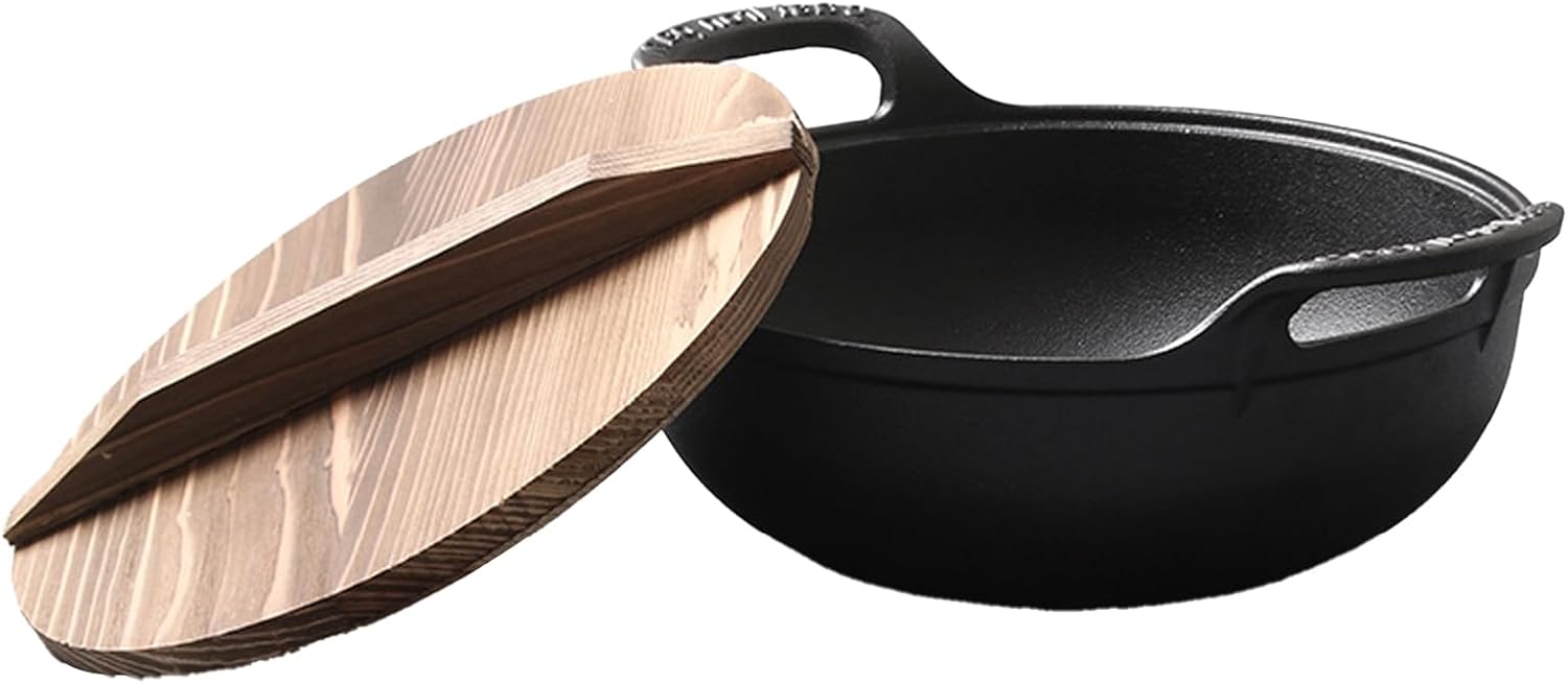 Haofy Cast Iron Wok 14 Inch Pre Seasoned Non Stick Stir Fry Pan with Wooden Lid Dual Handles for Induction Gas Electric Stovetops Home Kitchen Small Apartments RV Life Daily Use (32cm / 12.6in)