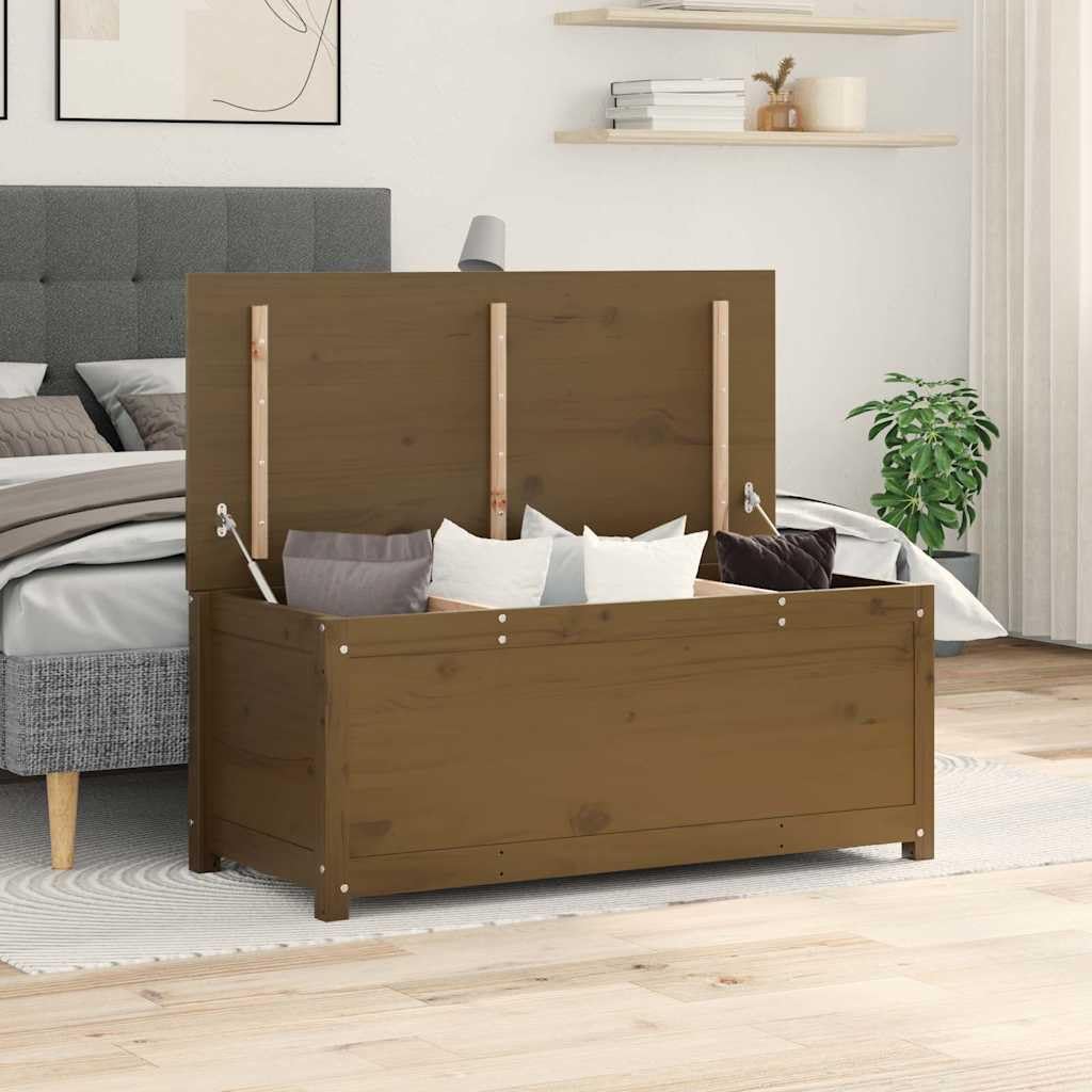 Baúl de pino macizo marrón miel 110 x 50 x 45,5 cm con muelle de gas gran espacio de almacenamiento para salón, dormitorio, pasillo y cocina, solución de almacenamiento versátil