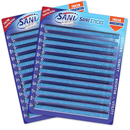 SANI 360Â° Sani Sticks Drain Cleaner and Deodorizer | Non-Toxic, Enzyme Formula to Eliminate Odors and Helps Prevent Clogged Drains | Septic Tank Safe | 24 Count, Unscented