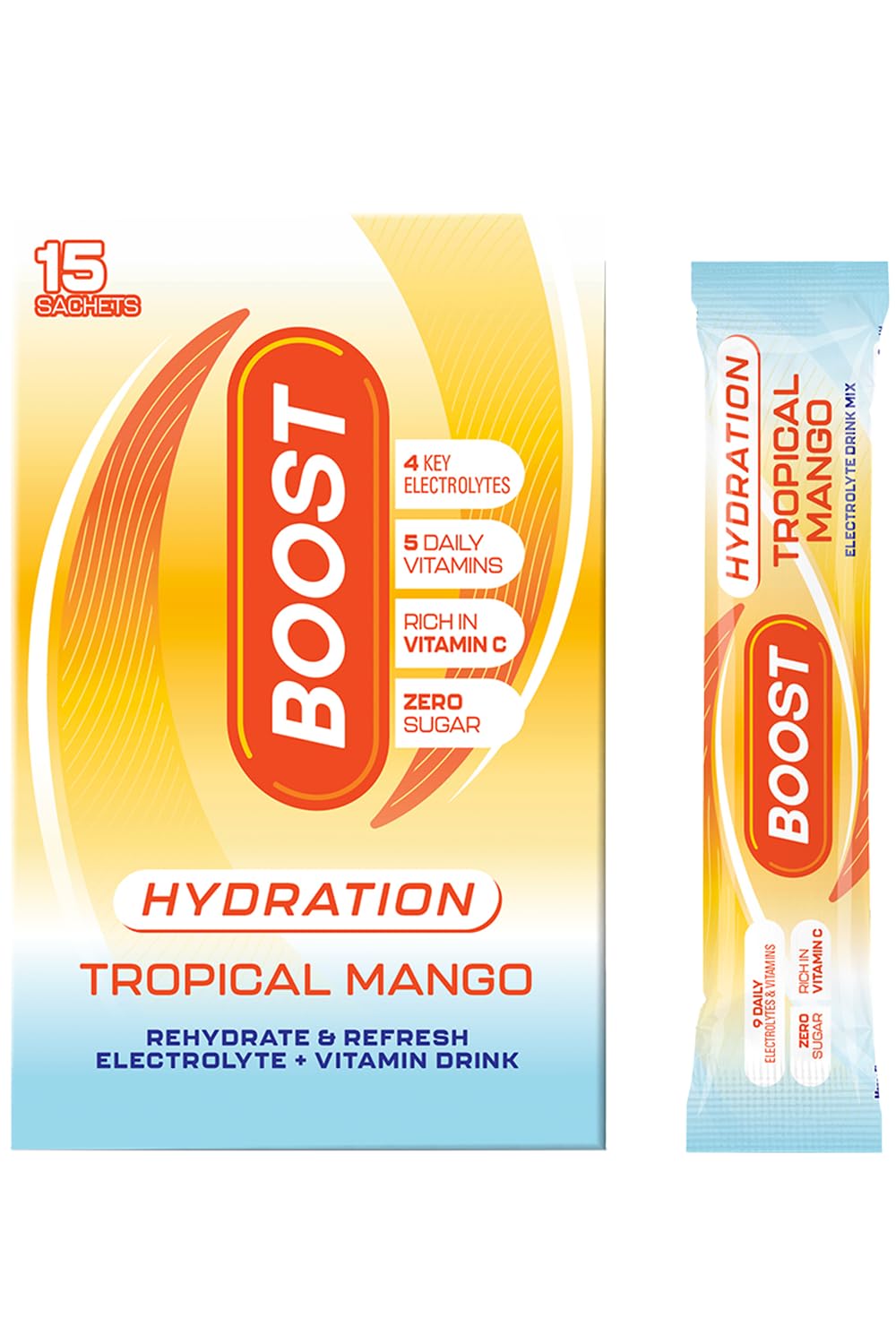 Boost Hydration Electrolytes Powder - Tropical Mango Flavour - 15x Pack Sugar Free Electrolytes Sachets - Hydration Sachets with Vitamins - 100% Vegan