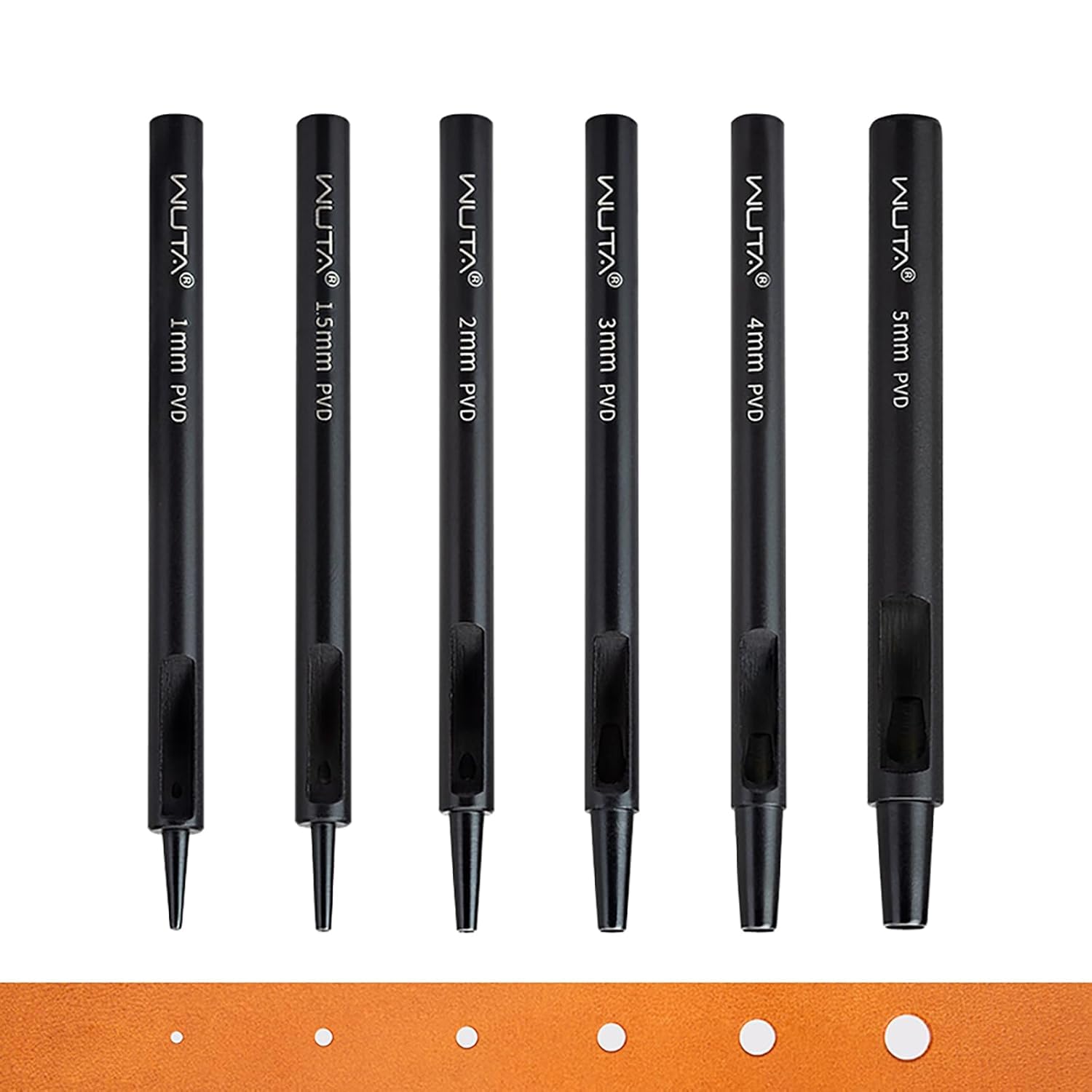 WUTA 6 Pcs Leather Hole Punch Set, Heavy Duty Hollow Punch Titanium Plated Carbon Steel Punch & Die Kit for Leathercraft, Belts, Watch Bands, Fabric(1+1.5+2+3+4+5mm)
