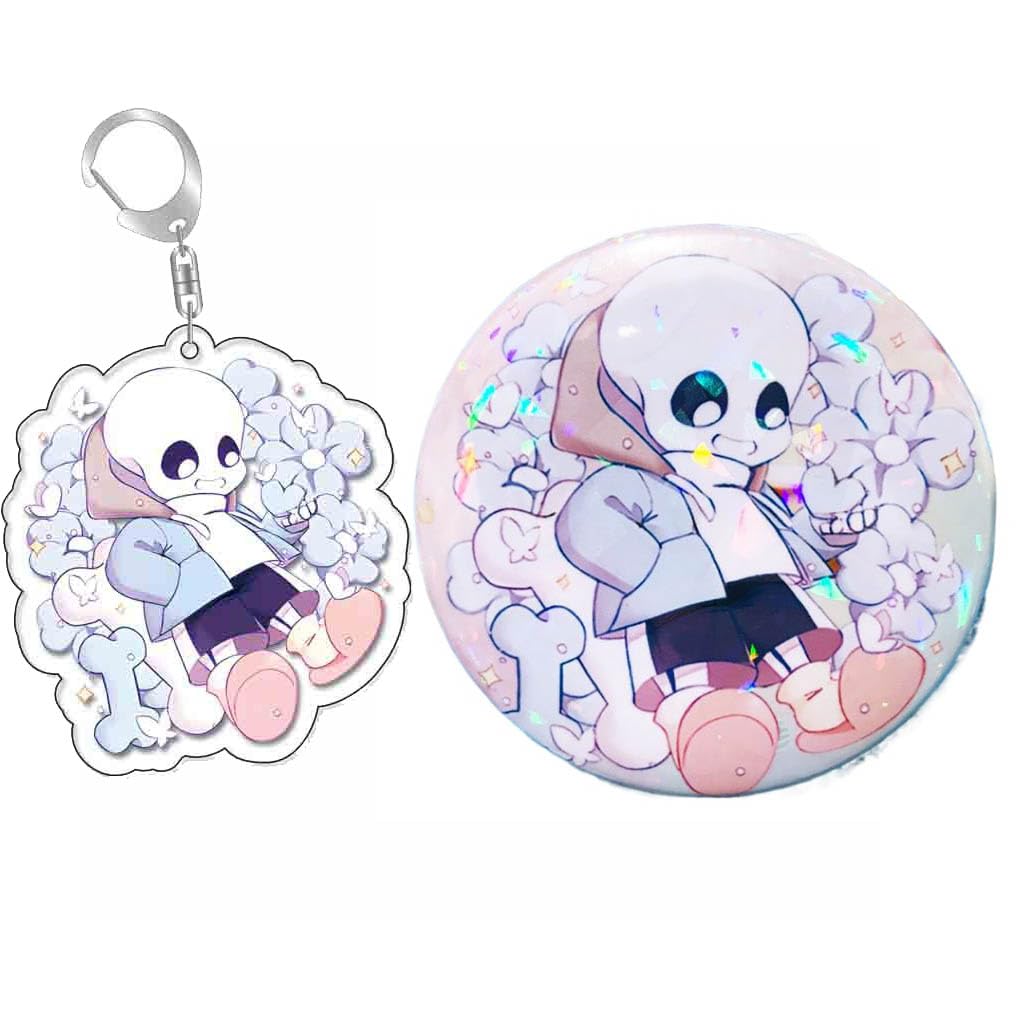 Under Tale Keychain Badge 2pcs, Game Figure Sans Papyrus Frisk Flowey Cosplay Accessories Brooch Keyring, Under Tale Cute Acryl Keyholder Metal Badge Pins Set (2)