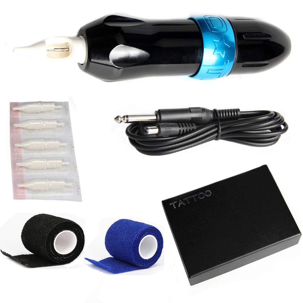 CNC Rotary Tattoo Machine Gun Tattoo Pen Kits Alloy with Cord Cartridges Needles Shader Liner for Professional Tattooist Artists (Blue)