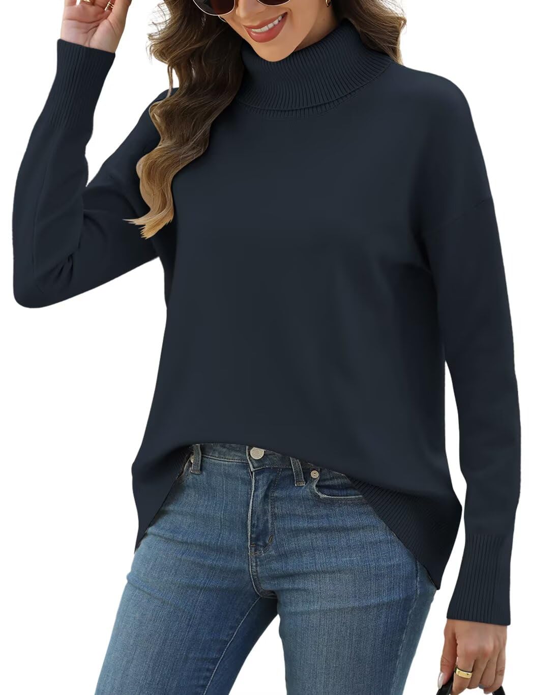 Womens Turtleneck Sweaters 2025 Trendy Fall Long Batwing Sleeve Basic Chunky Knit Pullover Jumper Tops