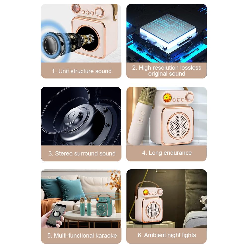 Hanzete - Mini macchina per karaoke, set con microfono e altoparlanti wireless, con 2 microfoni ricaricabili a LED, luce notturna colorata, altoparlante per karaoke, feste di compleanno, per il
