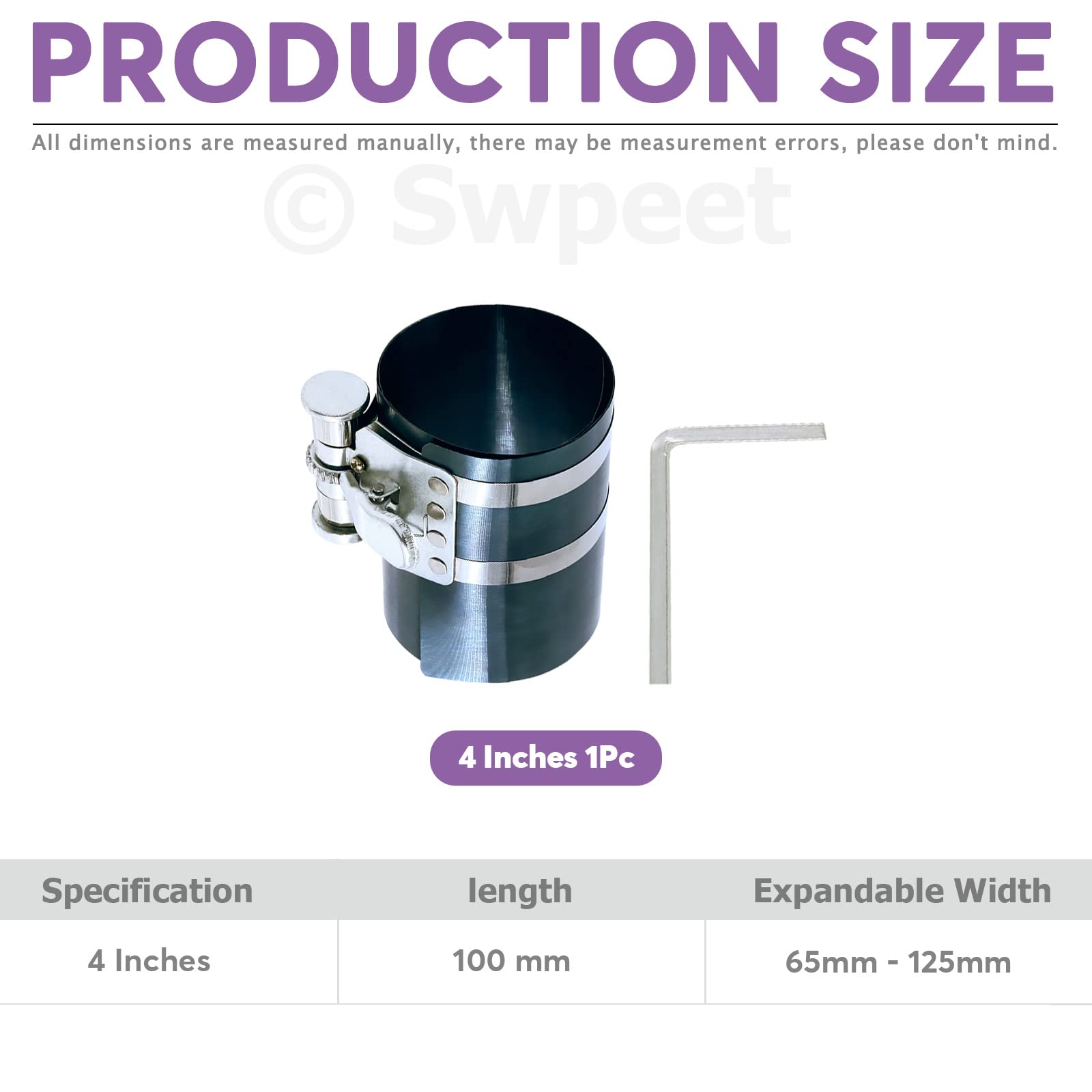 Swpeet Kit di 4 pinze per compressore ad anello del pistone da 4 pollici e pinze regolabili per l'installazione del pistone con chiave e kit assortito di calibri di spessore in acciaio inossidabile