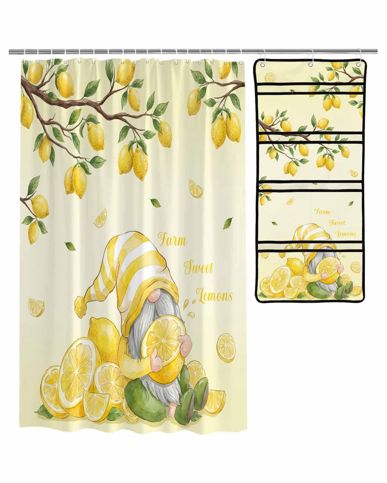 Shower Curtain Mesh Shower Organizer Hanging Set Summer Gnome Farm Lemon Tree Branch Yellow Waterproof Shower Curtains with