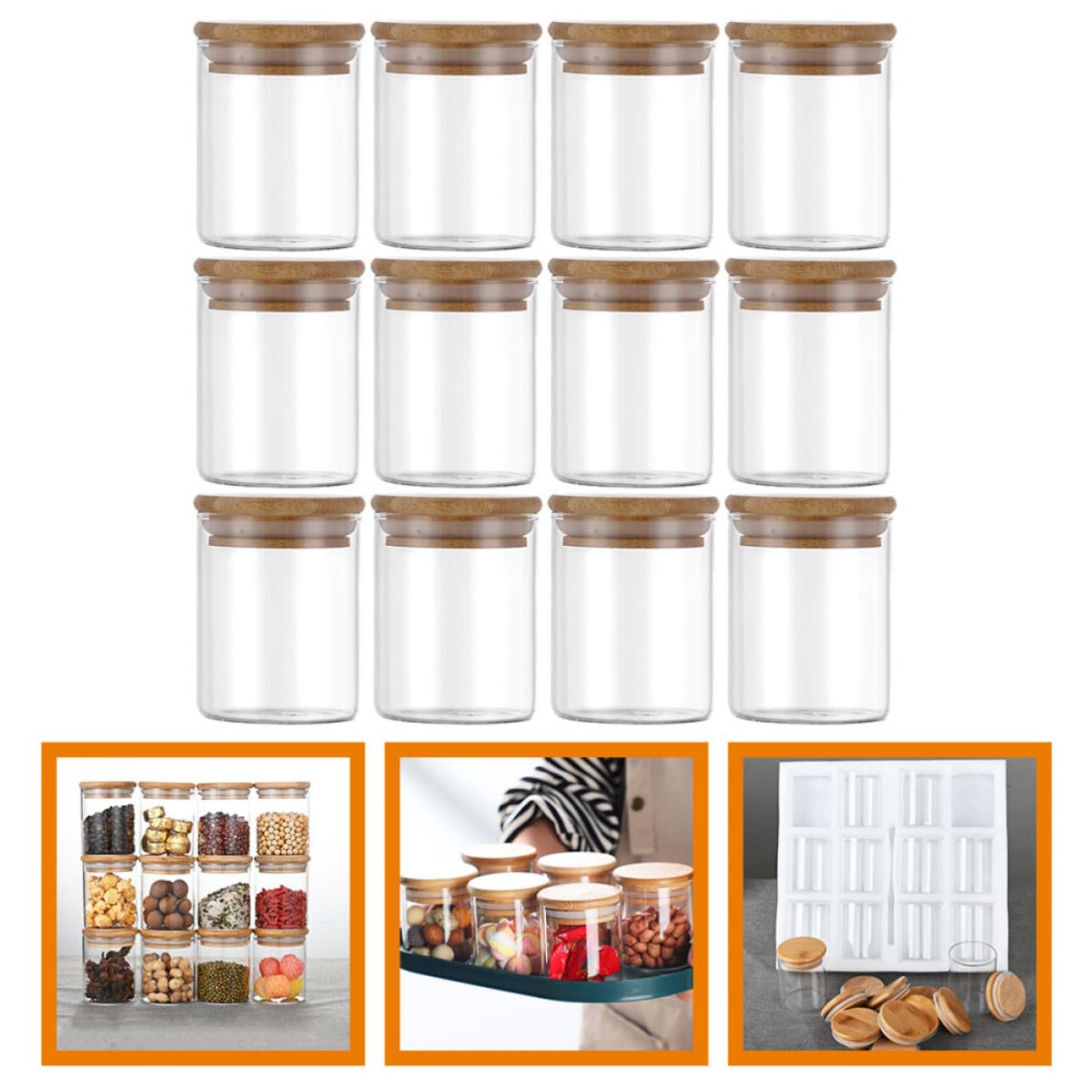 Frascos de Vidrio 250ml con Tapa de Bambú, 12 Piezas | Boca Ancha, Silicona y Cierre Hermético, Conserva Frescura en Cocina y Despensa
