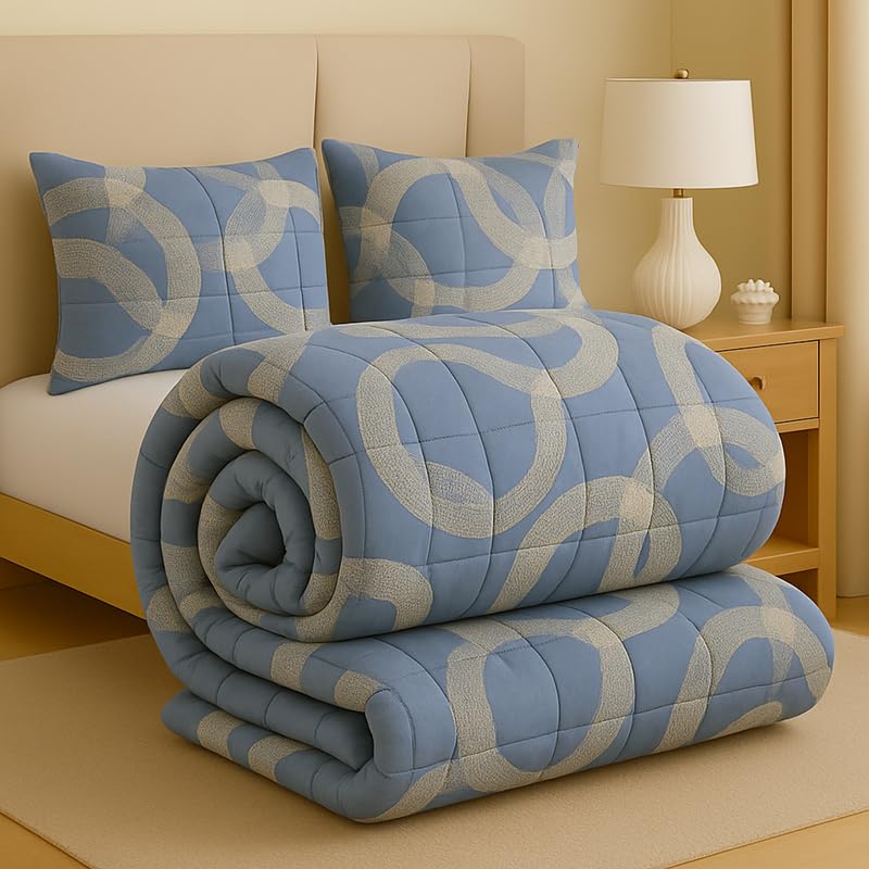 BSB HOME Premium Microfiber Printed Double Bed Comforter with 2 Matching Pillow Covers | All-Season Reversible AC Blanket for Winter & Summer | Soft & Lightweight Quilt for Double Bed - Dusty Blue-picture-24