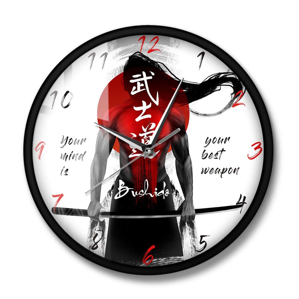 Samurai with Katana Calligraphy Bushido Wall Clock Martial Arts Man Cave Wall Clock Home Decor Mens Gift-2
