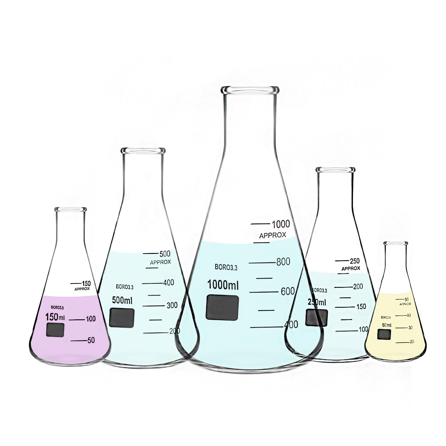 Azonee Erlenmeyer Flask, 5 Pcs Narrow Mouth Graduated Flasks 1000ml 500ml 250ml 150ml 50ml Borosilicate Glass with Printed Graduation for Lab Experiment Chemistry Science Study