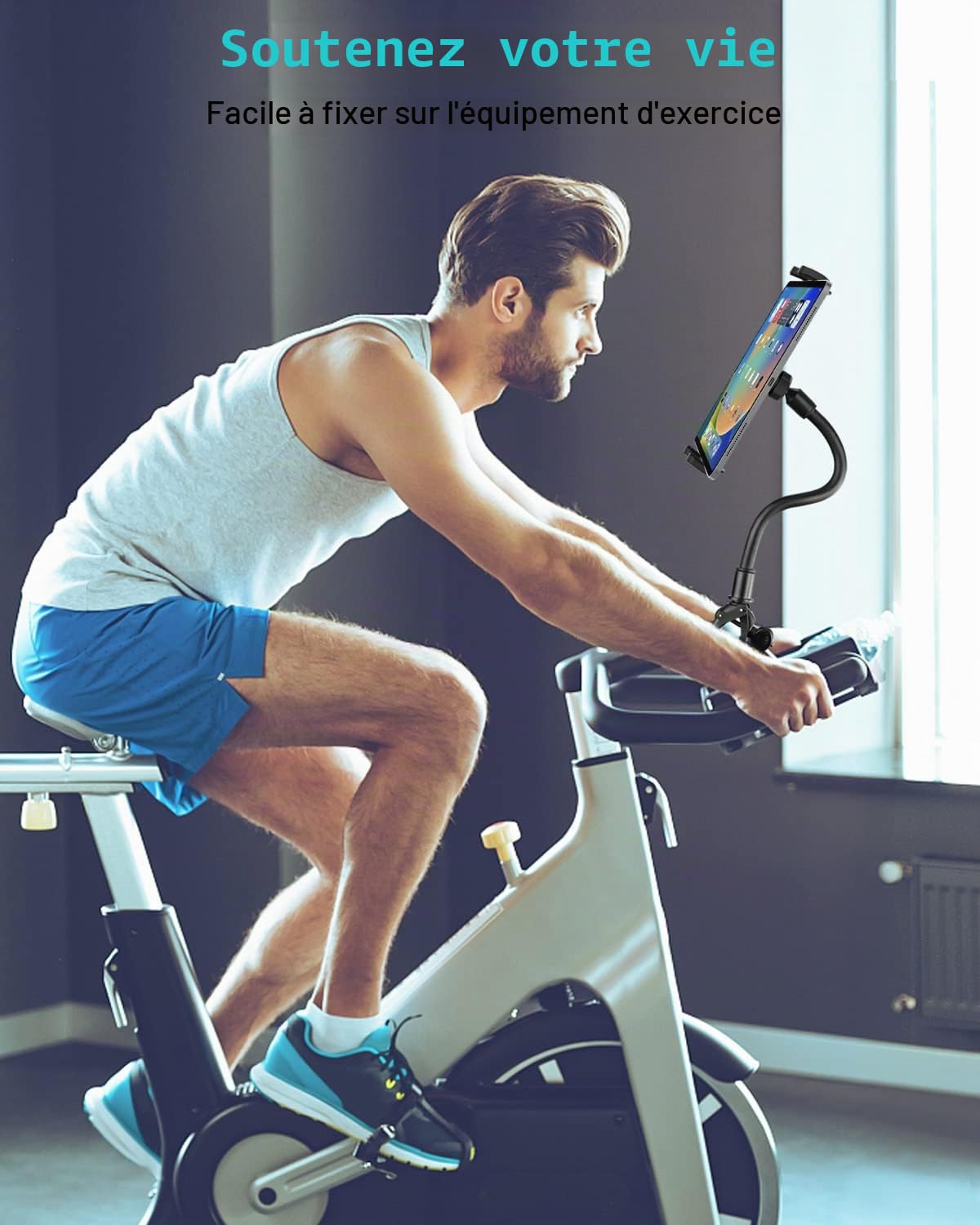 Support Tablette Vélo D'appartement, Support Tablette Vélo Elliptique, Porte Tablette Home Trainer/d'appareil de Sport, pour Galaxy Tab A8 A7 S9, iPad 9 10, iPad Pro Air Mini, 4~12.9" Tablette