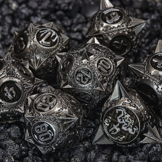 Sage's Portal Enchanted Morning Stars DND Dice Set 7-Pc Spiked Metal Polyhedral Dice for Dungeons and Dragons TTRPG Pathfinder (Nickel/Black)