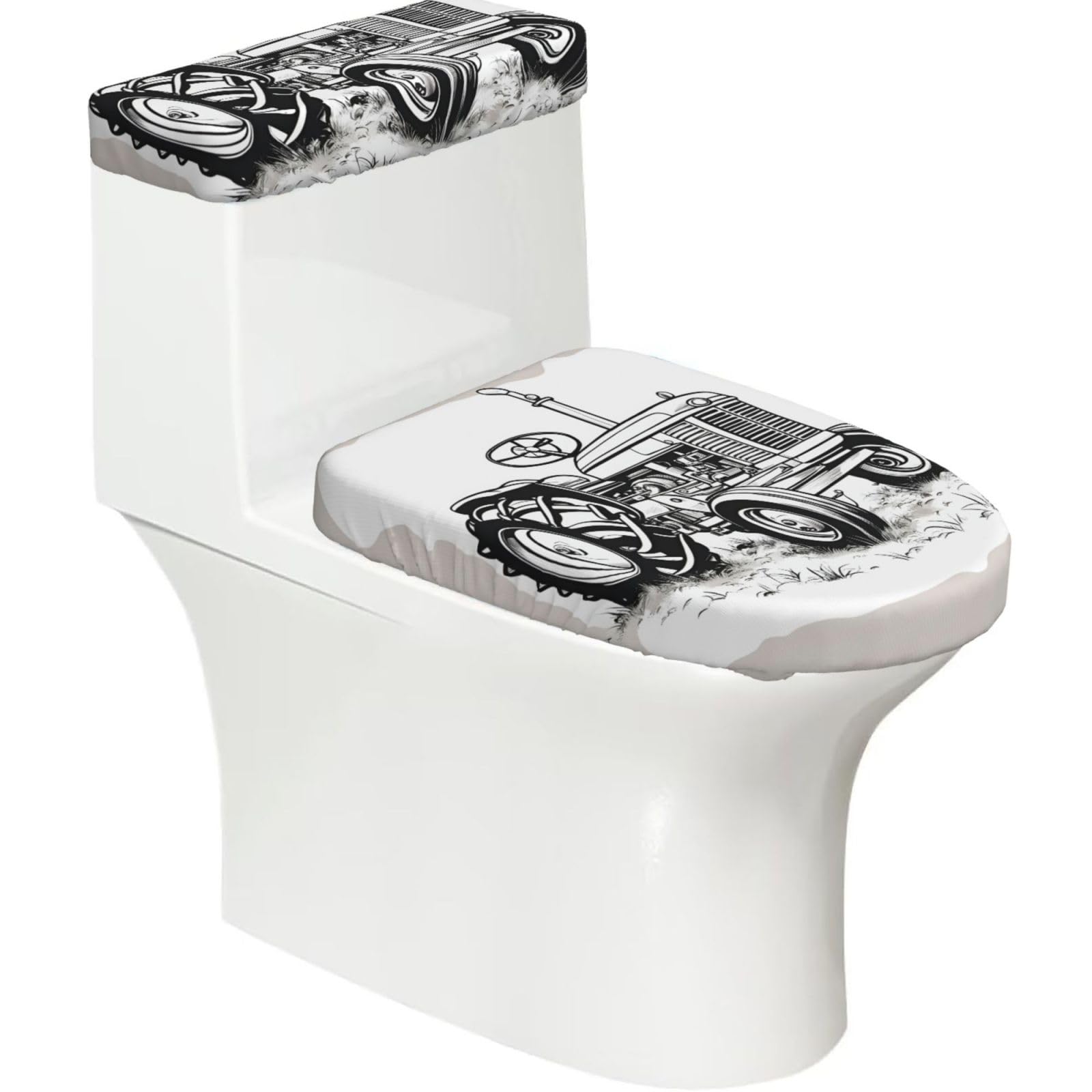 Cartoon Tractor Print Cozy Toilet Seat Warmer Cover Set Stretch Tank Lid Cover Bathroom Essentials For Most Toilets