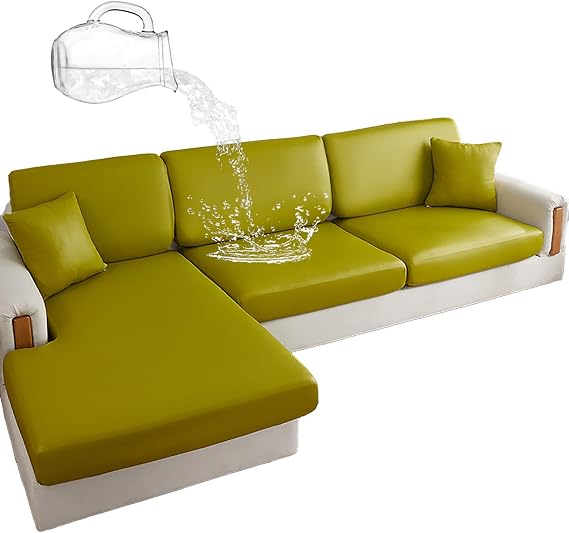 Waterproof Couch Cushion Covers for Sofa, PU Leather L-Shaped Seat Cushion Cover Individual Separate Sectional Sofa Slipcovers Form Fitted for Cat Dog-Green-Chaise seat