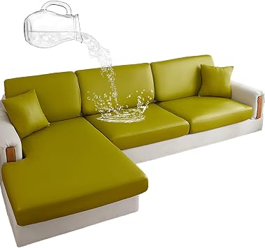 Waterproof Couch Cushion Covers for Sofa, PU Leather L-Shaped Seat Cushion Cover Individual Separate Sectional Sofa Slipcovers Form Fitted for Cat Dog-Green-Chaise seat