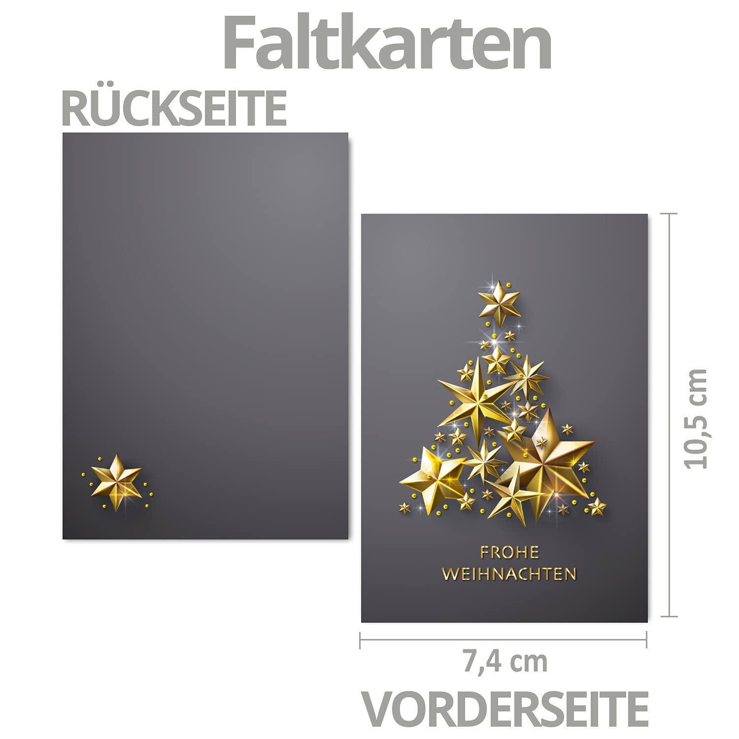Juego de 200 tarjetas navideñas pequeñas DIN A7 en gris con un árbol de Navidad dorado hecho de estrellas - Tarjetas plegables con sobres a juego DIN C7 blanco natural con pegamento húmedo