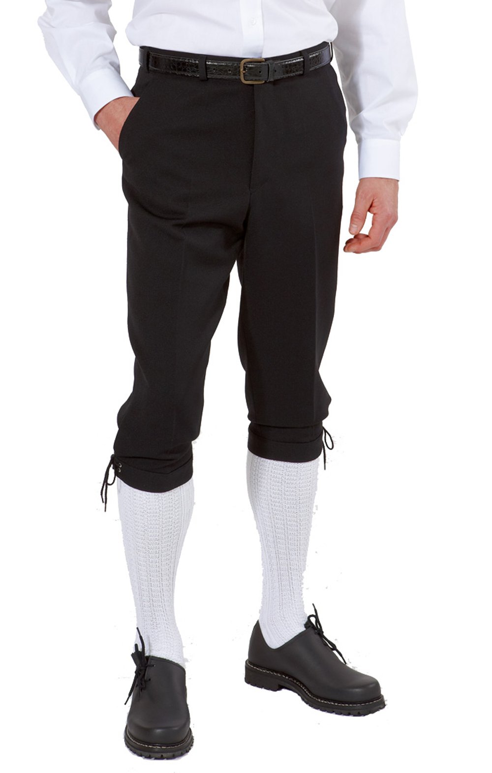 Kinder-Kniebundhose schwarz aus Gewebe/Stoff, mit roter Kordel