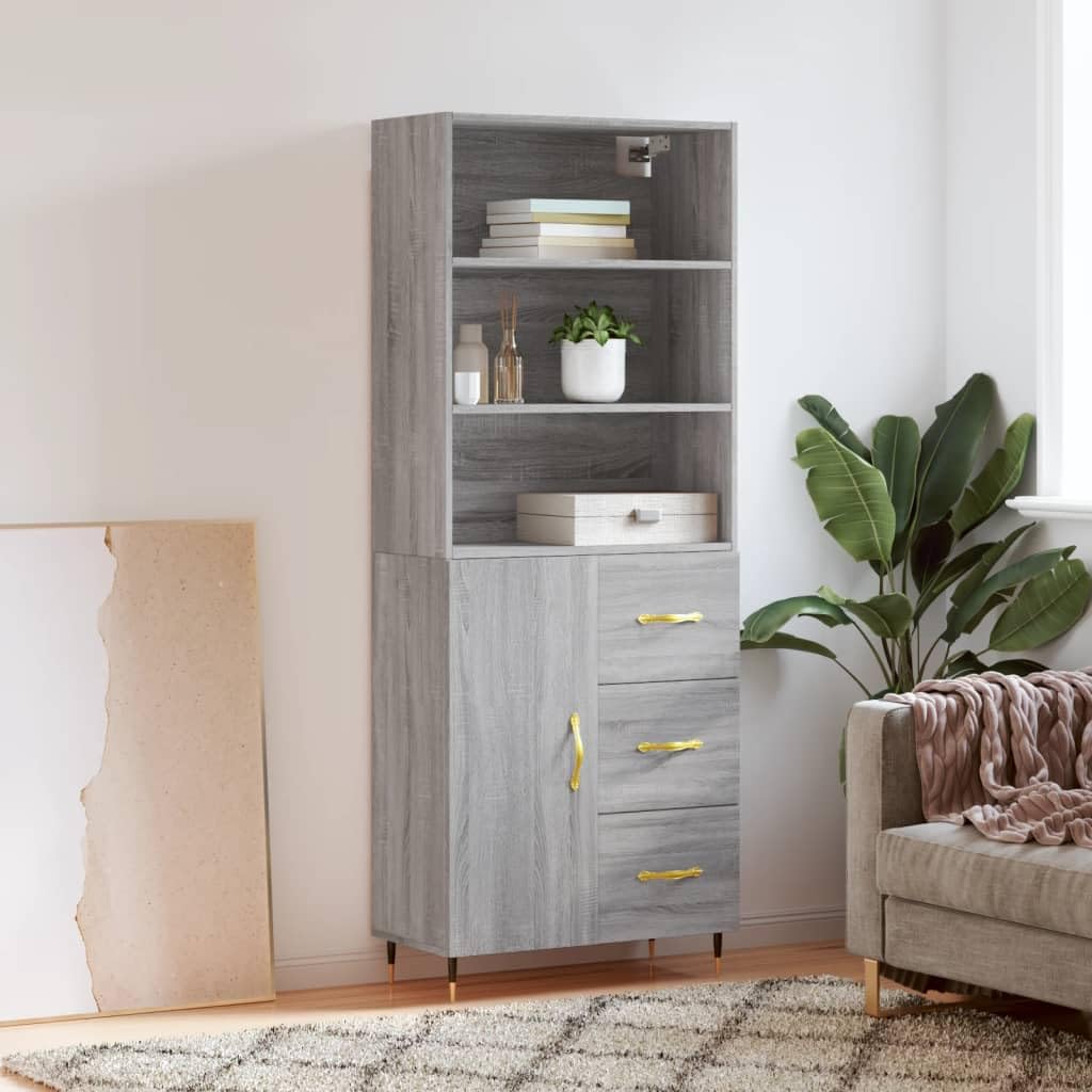 Bufet wysoki Sonoma szary 69,5x34x180 cm drewno inżynieryjne, wysoka komoda, szafka z szufladą, szuflady na komody