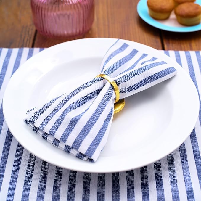 Image of Cotton Mercerised Dining Table Napkins, Set of 4, Solid Plain Colour, Heavy Weight,More Than 2 cm Mitered Hem,Washable at 40C (Blue Stripe, 45 X 45 Cms)